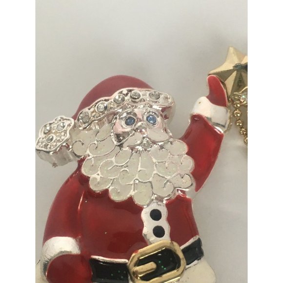 Santa Claus Pin Brooch Holding Star Clear Rhinestones Christmas Holiday Gift - Picture 3 of 5